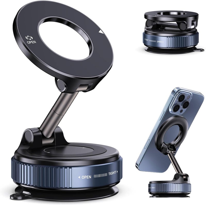 Jikasho Vacuum Magnetic Suction Phone Holder, Foldable and Retractable Hands-Free Suction Cup Phone Mount for Car/Gym/Mirror/Smooth Surface, Compatible with iPhone Android and All Smartphones (Black) - Image 1